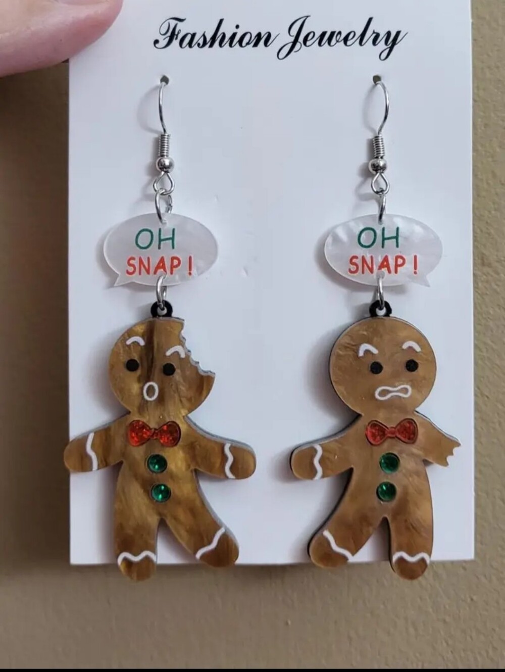 Hand Crafted Brown Gingerbread 'Oh Snap!' Earrings with Red & Green Accents
